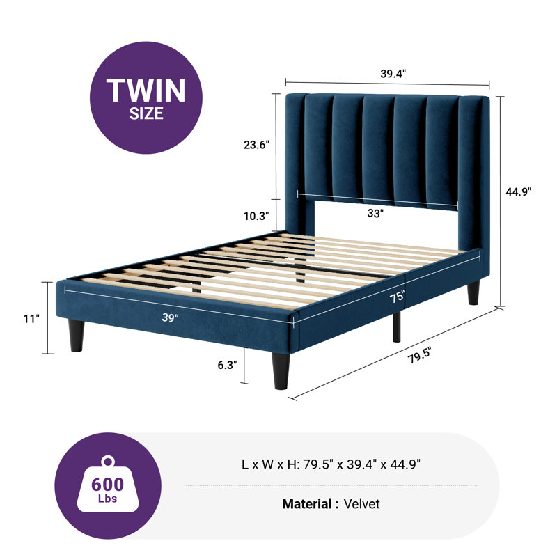 Lit plateforme tapissier avec velours et tête de lit rayée Stauton, Lit simple, Bleu