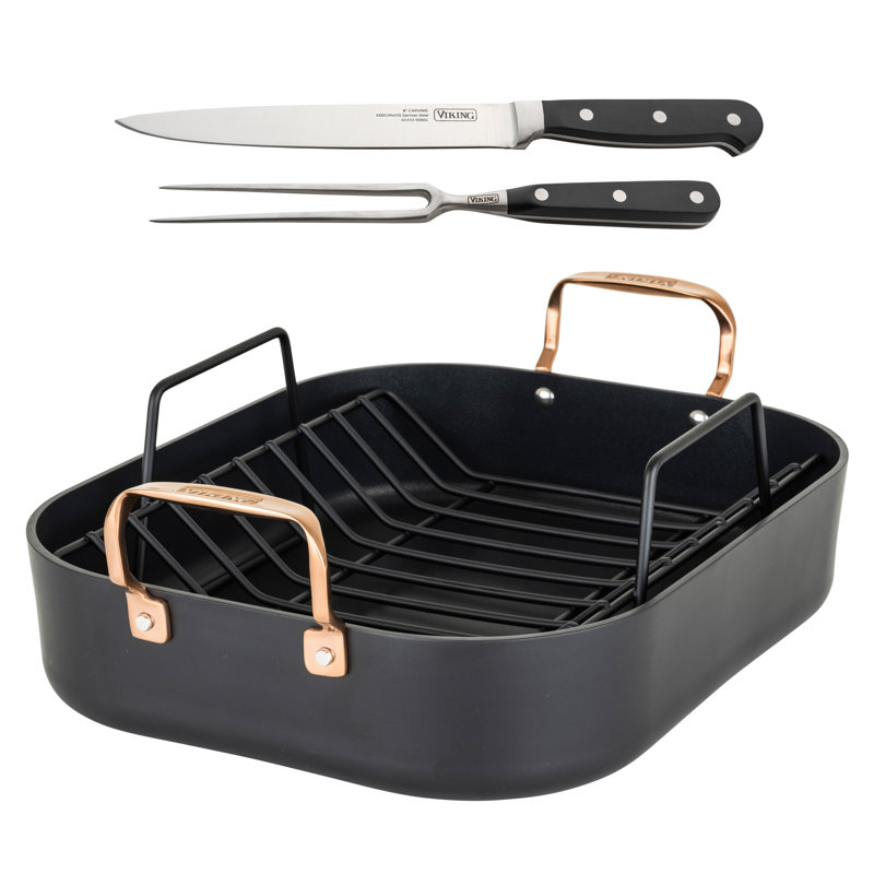 Viking Hard Anodized Roaster with Copper Handles, Rack and 2pc Carving Set