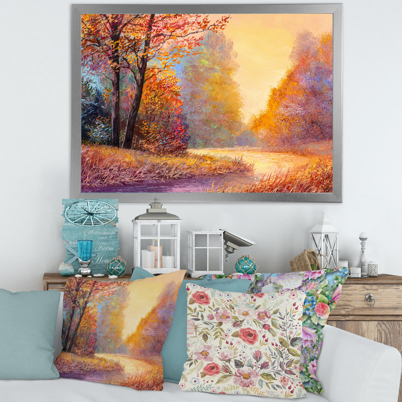 Sentier dans la forêt d'automne, paysage de feuilles orange - reproduction de maison de lac, Toile avec cadre argenté