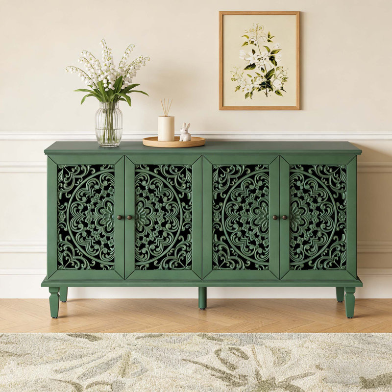 Buffet antique 4 portes avec sculptures florales, Vert antique