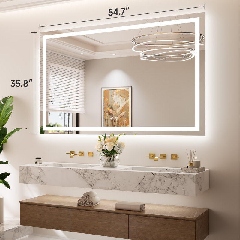 Front & Back LED Lighted Tempered Glass Dimmable Anti Fog Bathroom Vanity Mirror, 55" x 36"