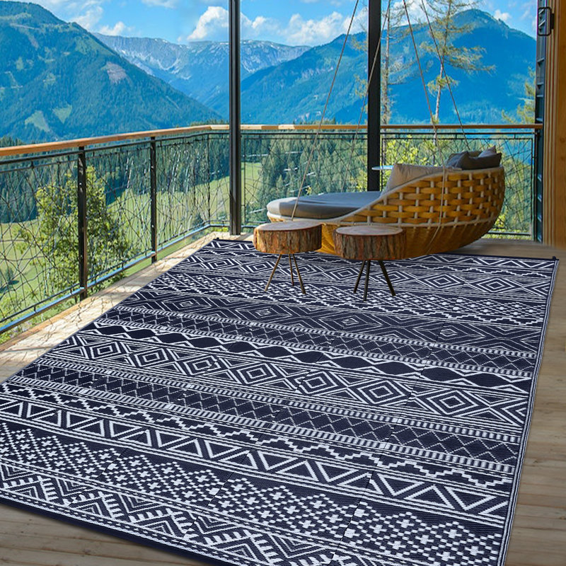 Tapis d'extérieur Boho en plastique avec paille Boho, Bleu / blanc, Rectangulaire 8 pi x 10 pi