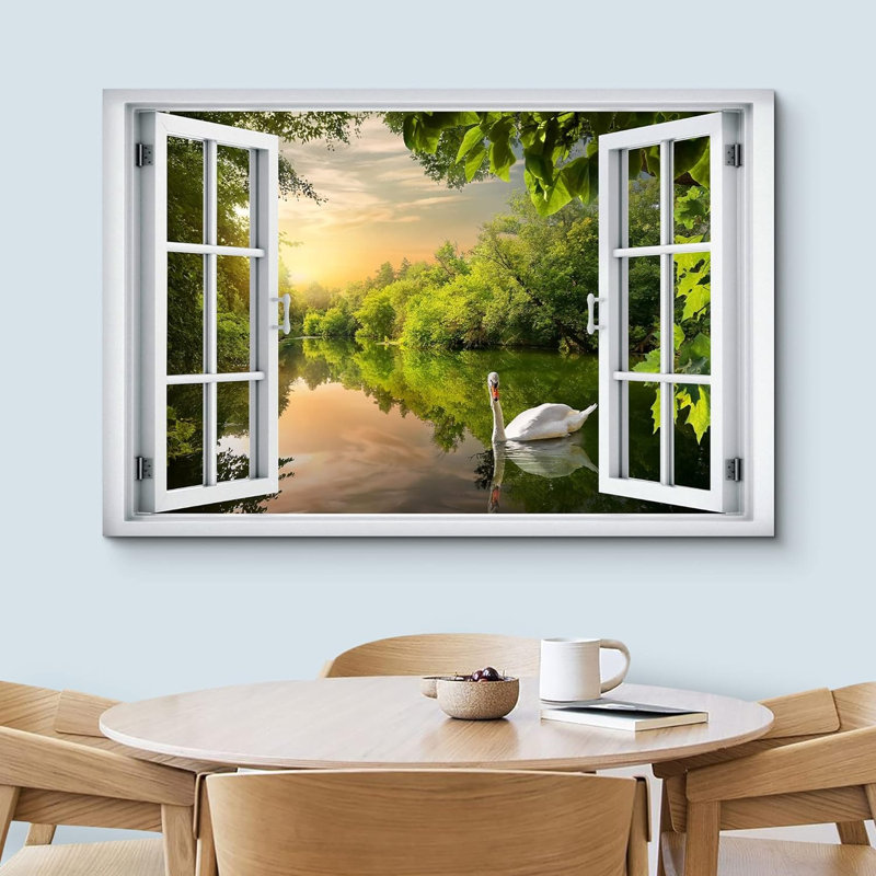 Fenêtre de paysage «Window View Swan Forest Lake Sunset Sky Zen Paradise Nature Scenic Landscape» sur toile