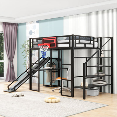 Full Metal Loft Bed With Basketball And Hoop Desk And Slide And Stairs