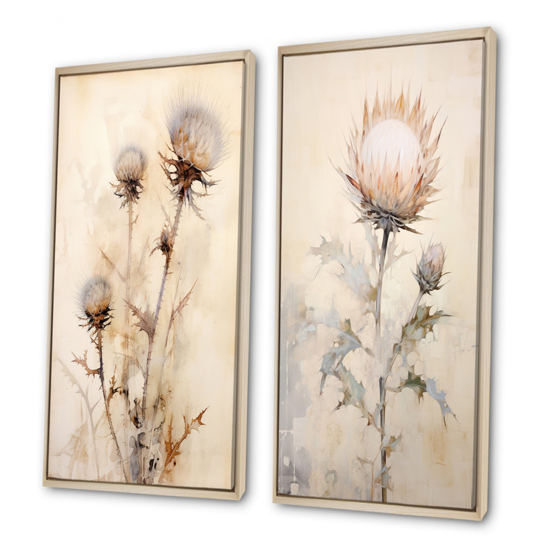 Fleur de chardon beige en sourdine - ensemble de 2 impressions sur toile Thistle, H 40 po x l 41 po, Cadre flottant brun