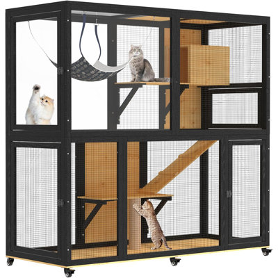 2-Tier Wooden Indoor Catio Enclosure, Black & Yellow