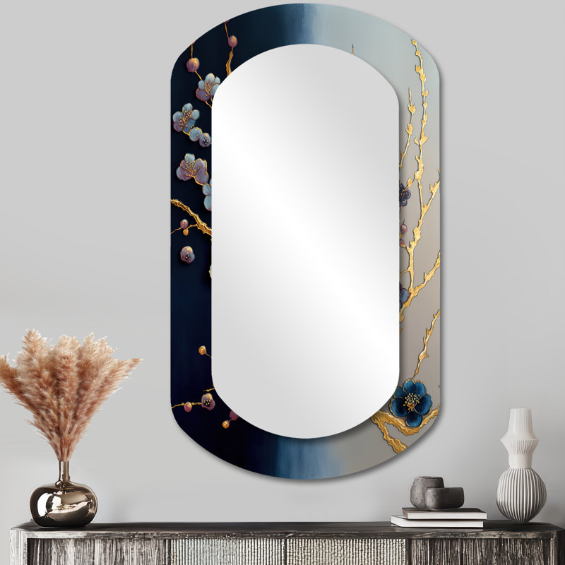 Blue Cherry Blossom Branch II - Tree Bonsai 3D Shapes Irregular Modern Large Wall Mirror, 43" x 23"