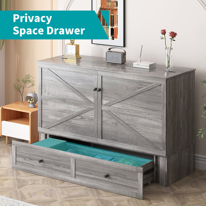 Queen/Full Murphy Bed Cabinet with USB Charging Port & Storage Drawers, Queen