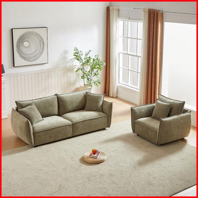 Modern 3-Seater + 1-Seater Chenille Sofa Set with 3 Pillows, Sturdy Wooden Frame for Living Room