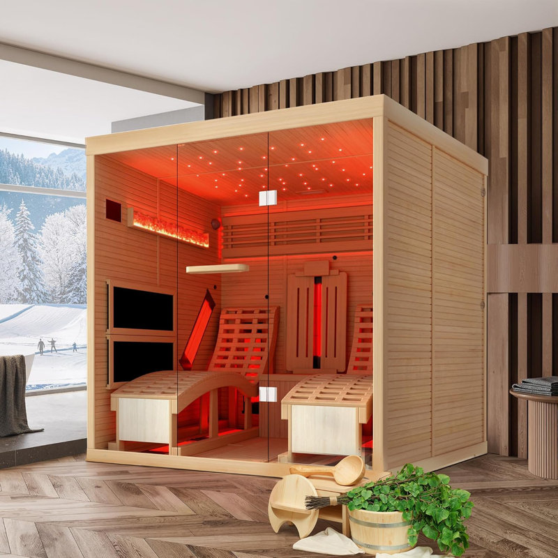 2-Person Infrared Sauna with Recliner – Luxurious Indoor Wooden Sauna Featuring 9 Heating Tubes, 5 Carbon Panels, 7-Color Starry Ceiling, 2-in-1 Door Handle, and Himalayan Salt Brick, 220V