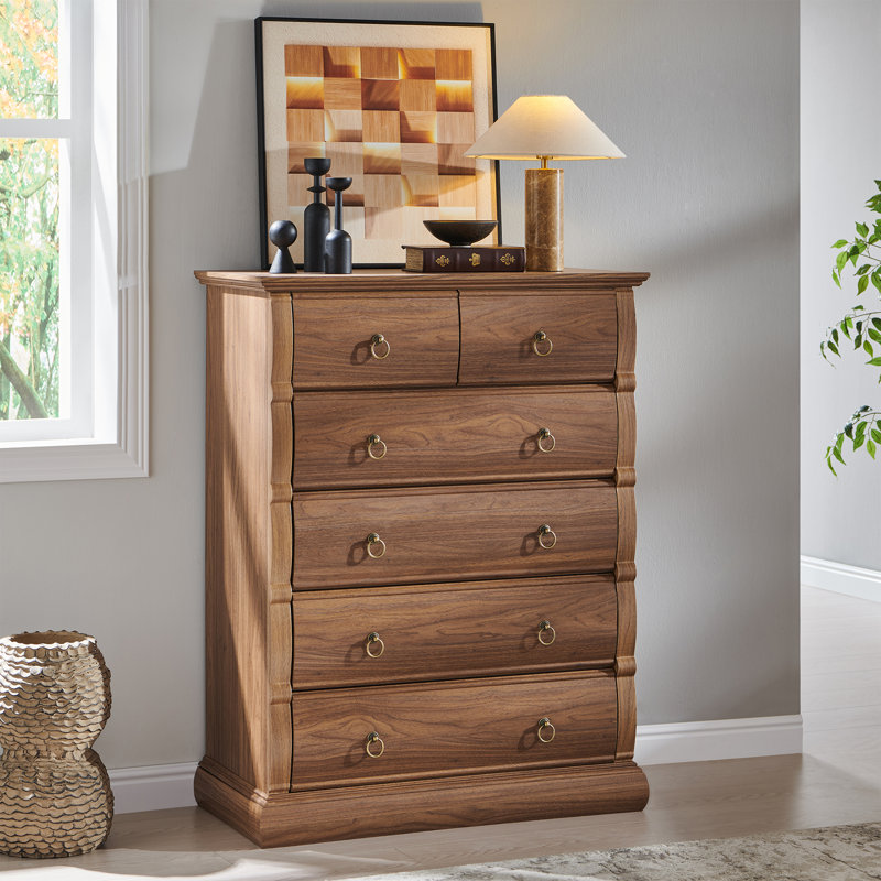 Commode 6 tiroirs Vintage, commode en bois de 41,5 po de hauteur avec façades courbées et poignées rétro, Noyer