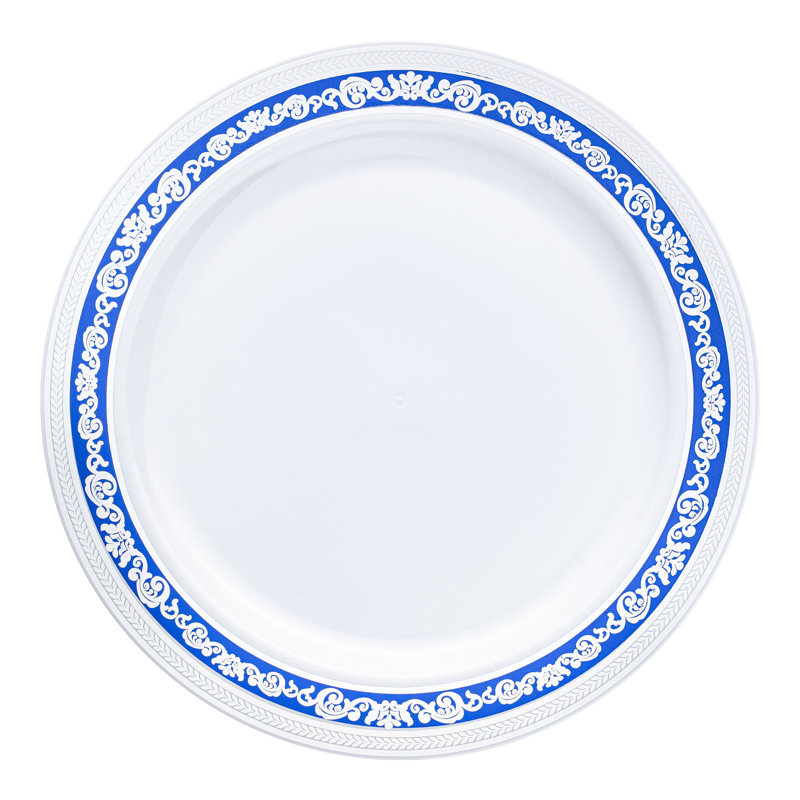 Blanc avec assiettes en plastique bleues et argentées (10,25 po)