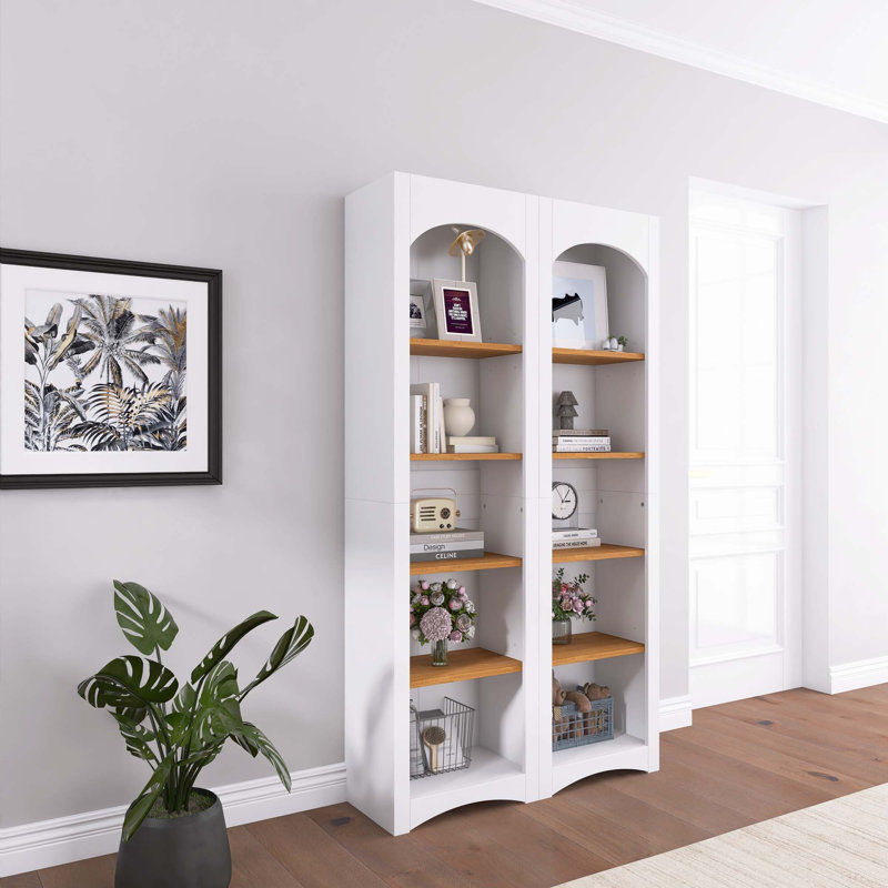 72"H White Wood Two-Tone Storage Cabinet Bookcases With With Adjustable Shelves, White