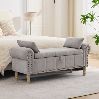 Lunara 51" W Bedroom Storage Bench End of Bed with Button-Tufted Seat,Roll Arms,Hidden Dual Pockets and 2 Pillows