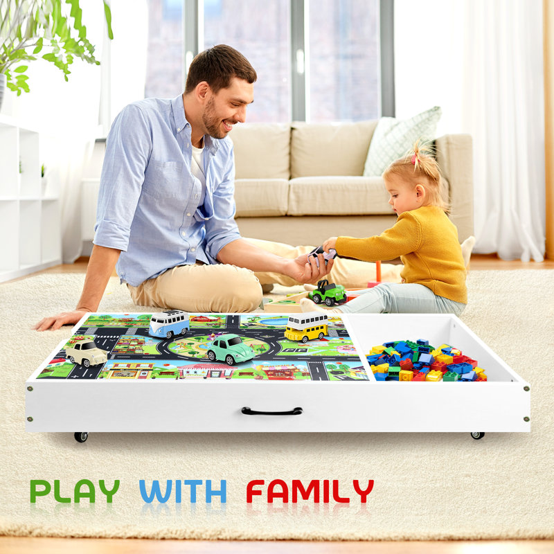 2 in 1 Kid Activity Table with Large Storage, Construction Play Table Compatible with Lego Building Block, Cars and Trains, Toy Organizer Game Table Store Under Bed or Sofa for Boys Girls
