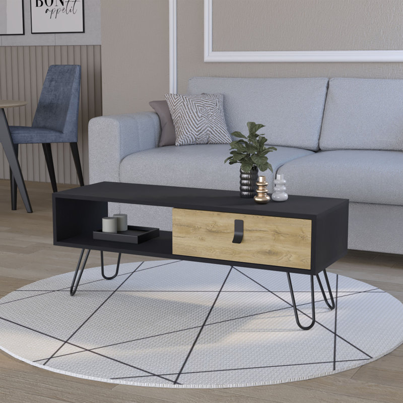 Table basse Kimball avec tiroir et pieds en épingle à cheveux, table