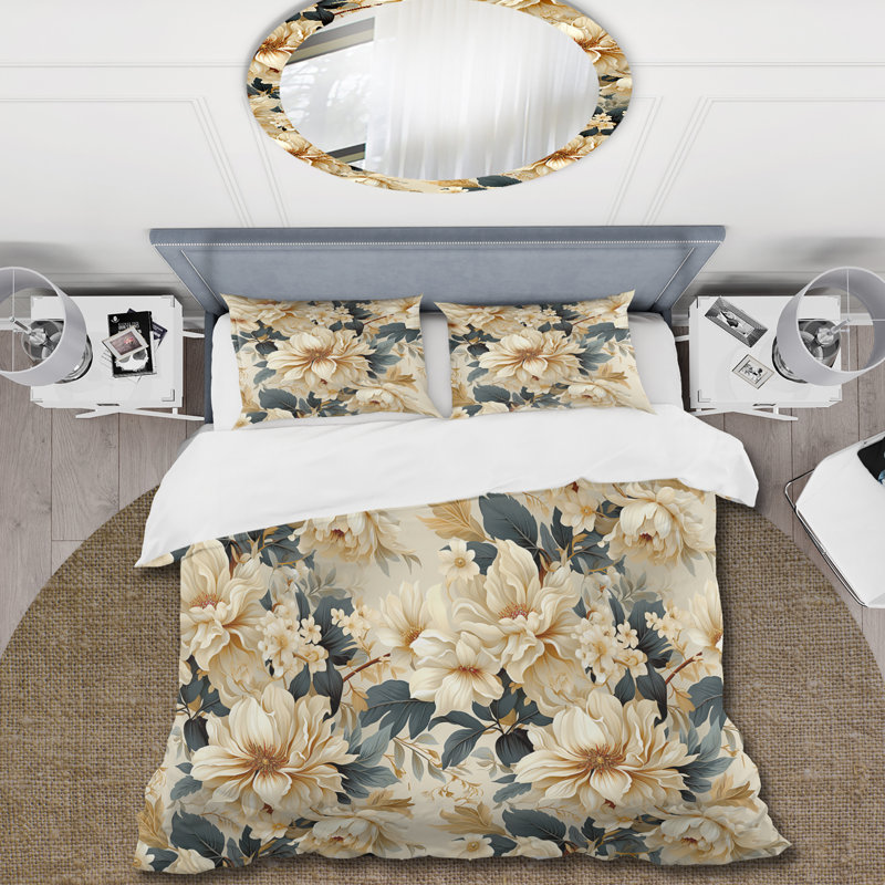Ensemble de housse de couette beige à motif de pivoines chic rétro, Housse de couette pour très grand lit et 2 très