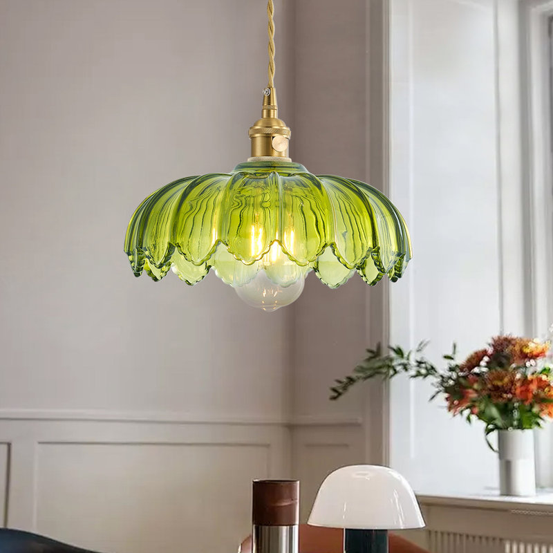 1-Light E26 Base Polished Brass Metal and Glass Dome Flower Pendant Light, Adjustable Height, Dimmable, ETL Listed