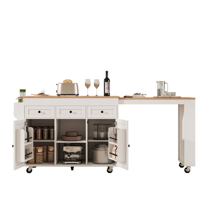 Îlot de cuisine avec table de salle à manger extensible, White