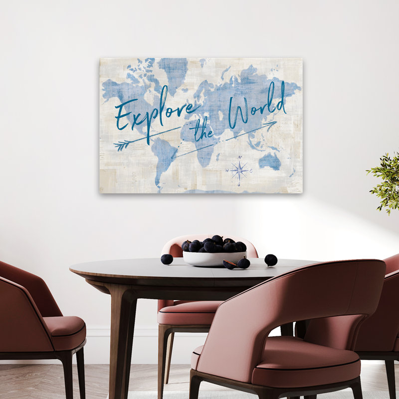 «World Map Collage Explore» contemporain bleu blanc beige Compas, H 36 po x l 24 po