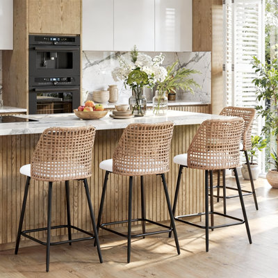 Upholstered Beige Rattan Full Back Counter Swivel Bar Stool