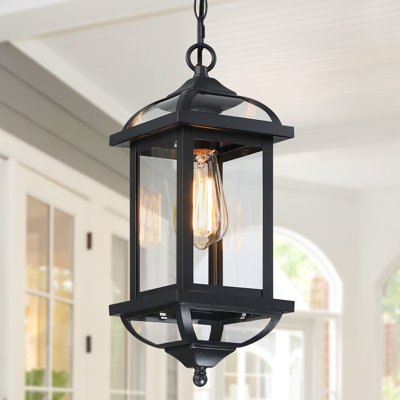 16" 1-Light Industrial Black Outdoor Pendant Light with Glass Shade