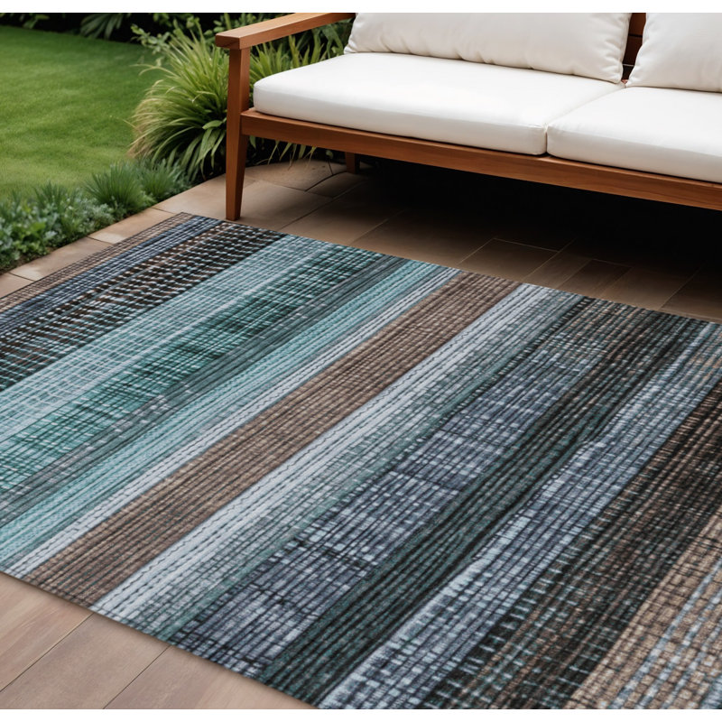 Tapis extérieur lavable rayé bleu sarcelle et brun 10 pi x 14 pi