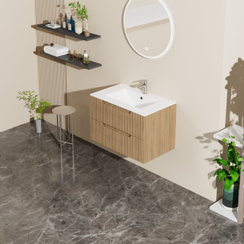Meuble-lavabo mural flottant avec lavabo 30 po, noyer, 2 grands tiroirs, système de fermeture en douceur, design moderne avec finition en noyer de céramique, rangement spacieux, design contemporain, peu encombrant