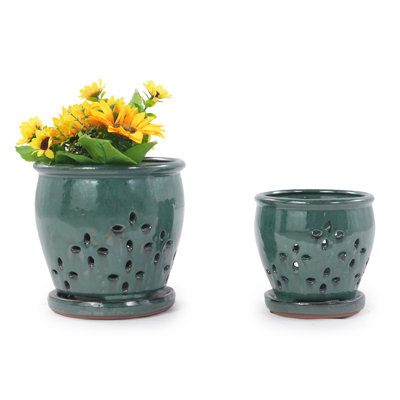  Orchid Pots with Drainage Hole and Attached Saucer, 5.9 Inch & 7.5 Inch, Emerald