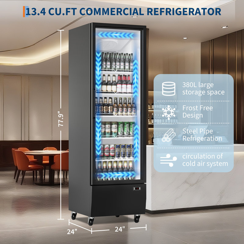 Réfrigérateur à boissons grande capacité 13,4 pieds cubes - Merchandiser à porte en verre - 5 tablettes réglables - Éclairage à DEL - Réfrigérateur à affichage vertical pour restaurant, magasin, bar - utilisation commerciale