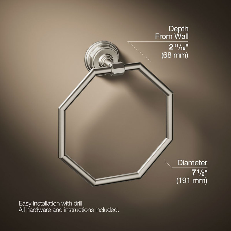 Pinstripe Wall Mounted Towel Ring, Vibrant Brushed Nickel