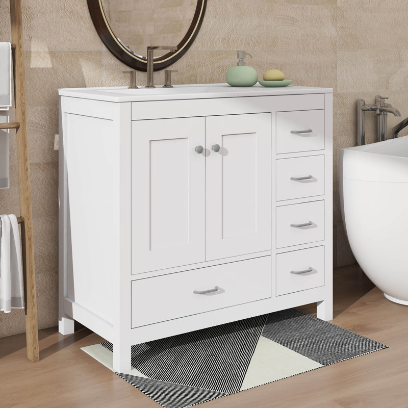 Meuble-lavabo de salle de bain 36 po avec lavabo 36 po - 5 tiroirs pratique, Blanc, Gris