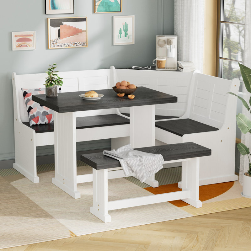 FSC Solid Pine L-shape Breakfast Nook Set Dining Corner Set With Charging, Storage & Reversible Bench (seats 3-5)