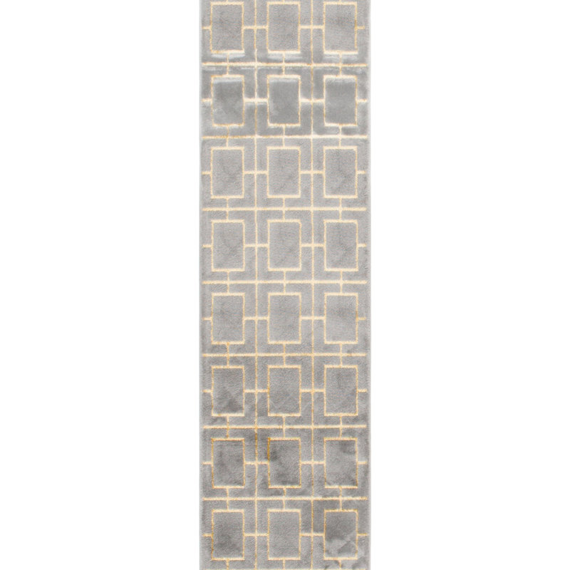 Glam Geometric Gray/Gold Area Rug, Runner 2' x 10'