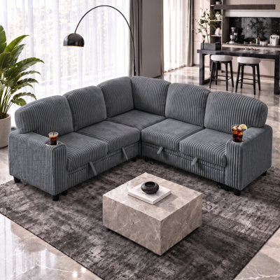 Eyisean 81" L-Shaped Sectional Sofa Bed with Pull-Out Bed & Storage, Corduroy Oversized Modular Sectional Sleeper Sofa with USB Charging, Cloud Couch for Living Room,Bedroom,Apartment