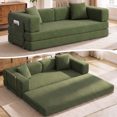 Canapé-lit convertible rembourré de 79,5 po, causeuse en mousse à mémoire de forme avec tissu en velours côtelé, canapé-lit pliant multifonctionnel pour le salon et les petits espaces, aucun assemblage requis. Vert