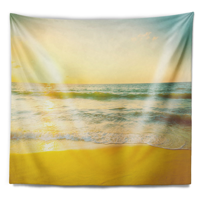 Paysage marin calme et coloré coucher de soleil à la tapisserie de la plage, H 32 po x l 39 po