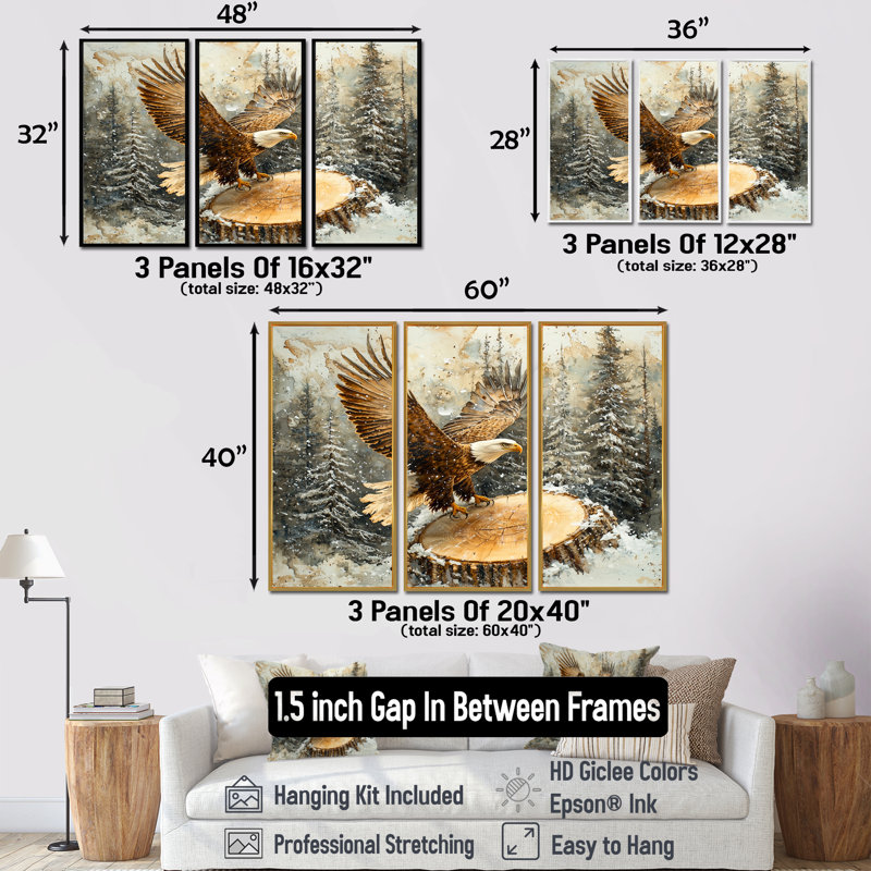 Aigle vol du chasseur en hiver II - Art mural aigle - ensemble de 3, H 28 po x l 36 po, Blanc