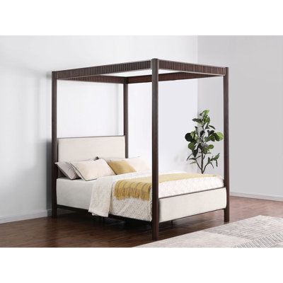 Rust Brown Metal Queen Canopy Bed With Upholstered Beige Headboard, Vertical Grooves On Frame, Open - Frame Canopy, Box Spring Needed Soft Upholstery Headboard And , Add Interest, Design