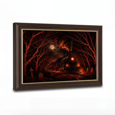 Art sur toile orange, locomotive à vapeur orange à travers le cimetière effrayant