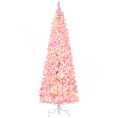 7.5Ft Prelit Snow Flocked Artificial Christmas Tree With Pencil Shape, Pine Realistic Branches, Warm White LED Lights, Auto Open, Pink And White