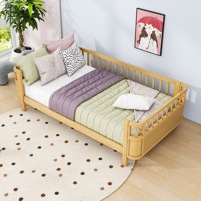 Multifunctional Wooden Platform Bed with Removable Rails, Natural, Twin
