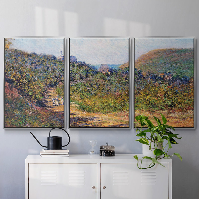 At Petit, peinture sur toile 3 pièces, H 40 po x l 78 po, Encadrement argenté