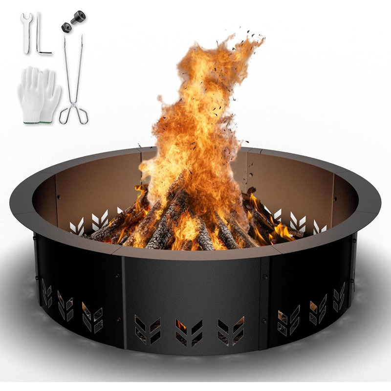 Insertion d'extérieur de foyer d'extérieur sans fumée robuste - Anneau de feu au bois en métal 30 "/ 36" pour la cour et le camping, noir