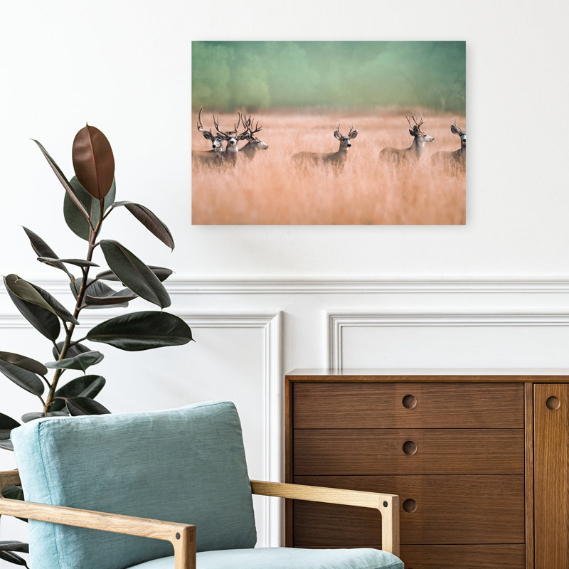 Deer In Tall Grass Peaceful Rustic Serene Deer Forest Nature Wall Art Print by Catherine Wang - Wrapped Canvas Print