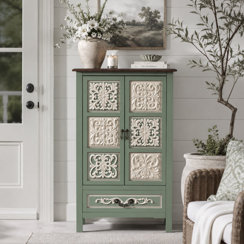 Commode de rangement vert sauge «Fienley» avec tiroirs d'inspiration rétro, armoire d'appoint de style campagne moderne
