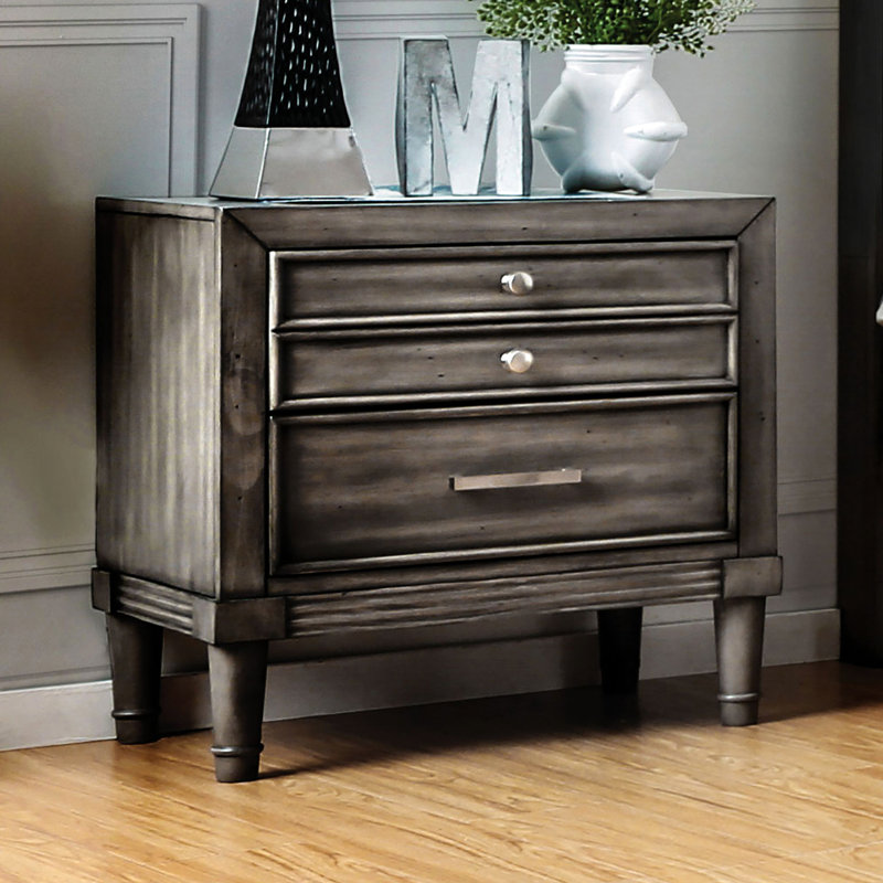 Table de chevet de style transitionnel gris moderne, bois massif, 2 tiroirs, plateau doublé de feutre, l 23,5 po x P 16 po H 24 po, 1 pièce pour table de chevet au fini contemporain, poignées rondes en nickel,
