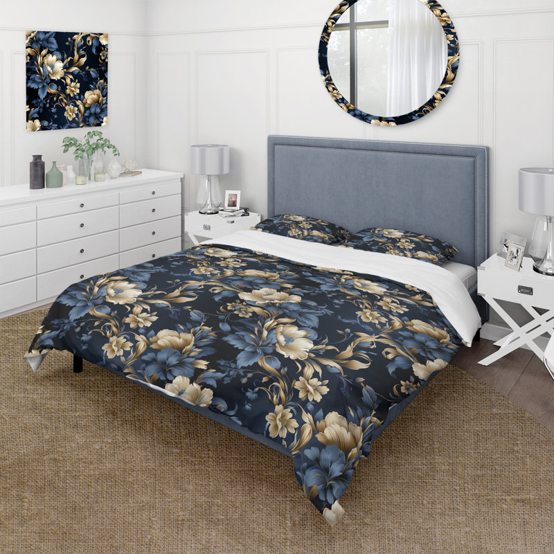 Ensemble de housse de couette à motif victorien doré bleu cobalt, Housse de couette simple + 1 taie décorative stan