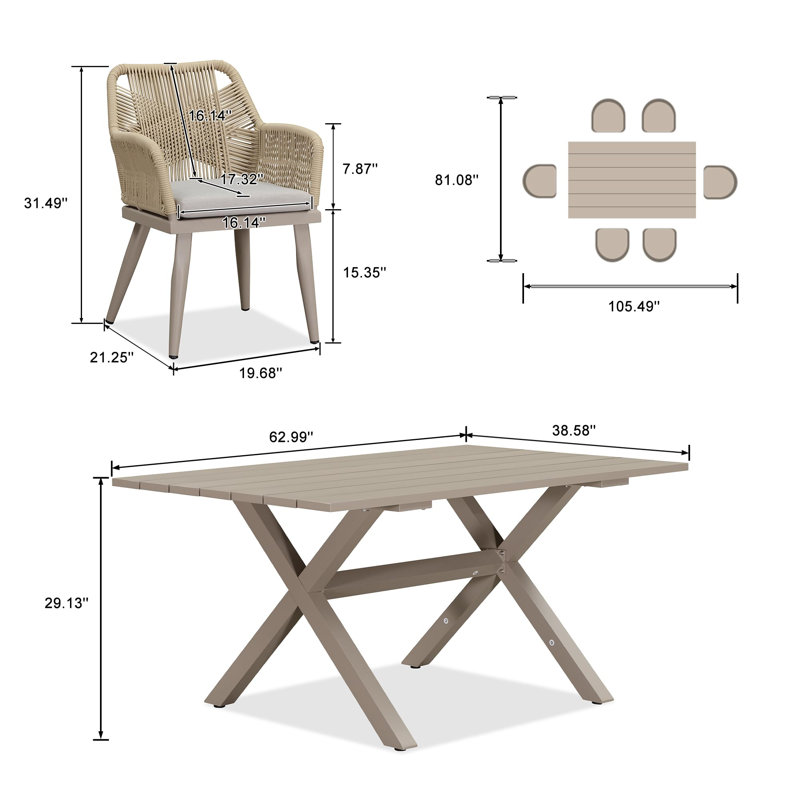 Patio Dining Set, 29.13" H x 62.99" W x 38.58" D, 6