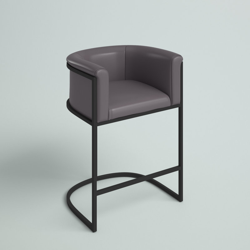 Cosmopolitan Mid-Century Modern Vegan Leather Upholstered Metal Counter Stool in Graphite, Pebble